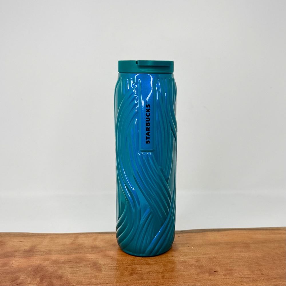Starbucks 2025 Anniversary Teal Iridescent Wavy Embossed Tumbler 16oz Blue Green